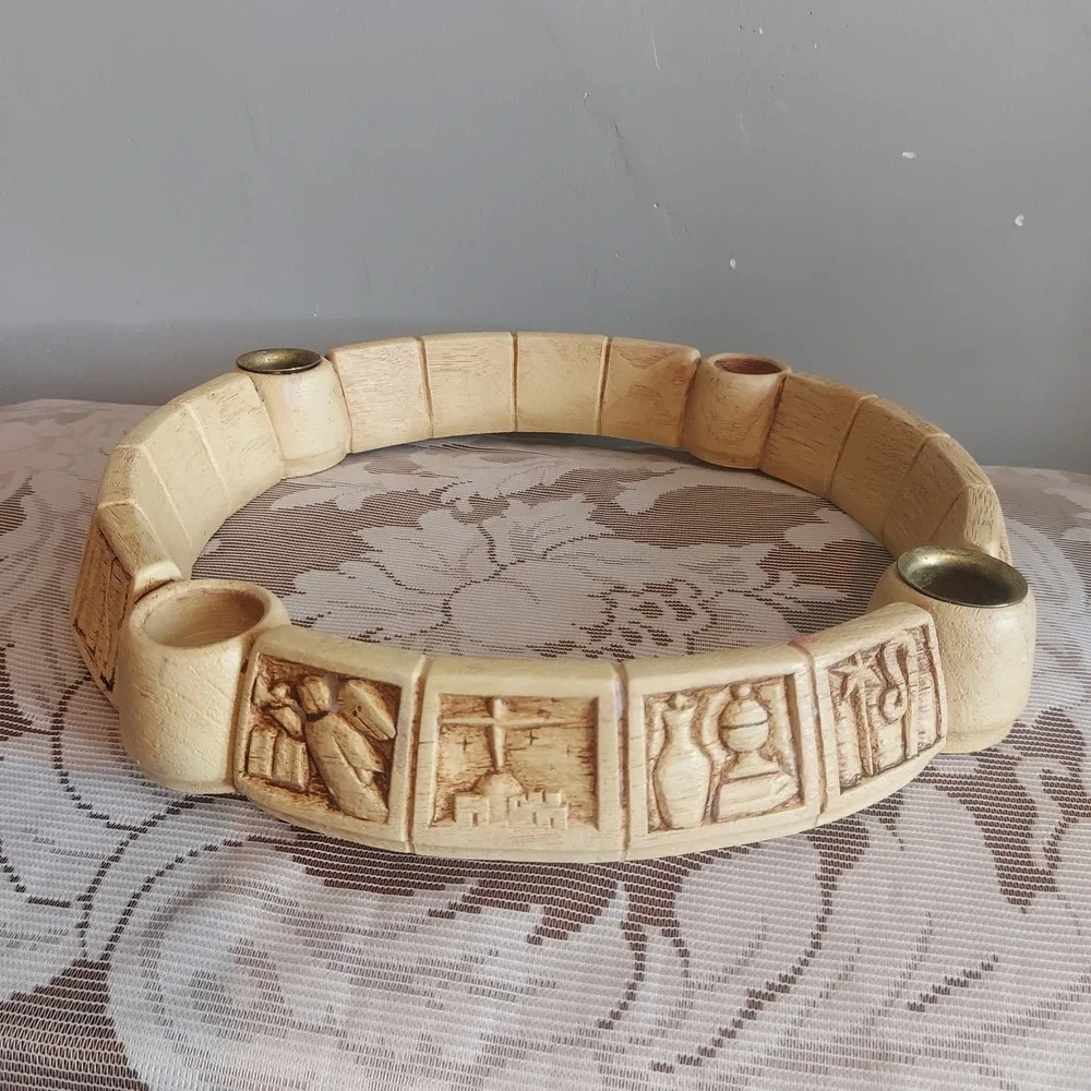 Vintage Hand Carved Wood Advent Wreath 4 Candle Holder Religious Relief Symbols